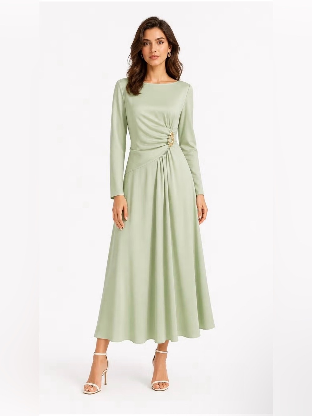 Cider Satin Boat Neck Metal Detail Ruched Knotted Ruffle Midi size S NWT